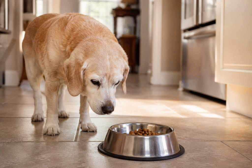Chien senior regardant sa gamelle sans manger dans une cuisine.